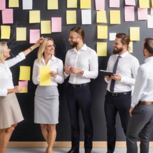 Team using agile methodology with Kanban boards and post-it notes