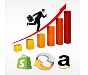 Businessman running on a graph illustrating increased sales through Shopify and Amazon integration.